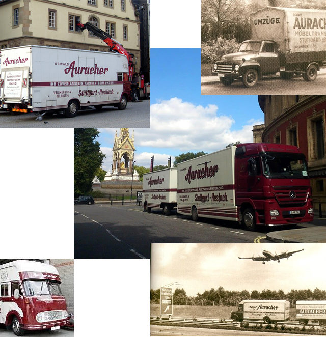 Bildcollage der Oswald Auracher Möbelspedition mit historischen und modernen Umzugsfahrzeugen aus verschiedenen Jahrzehnten